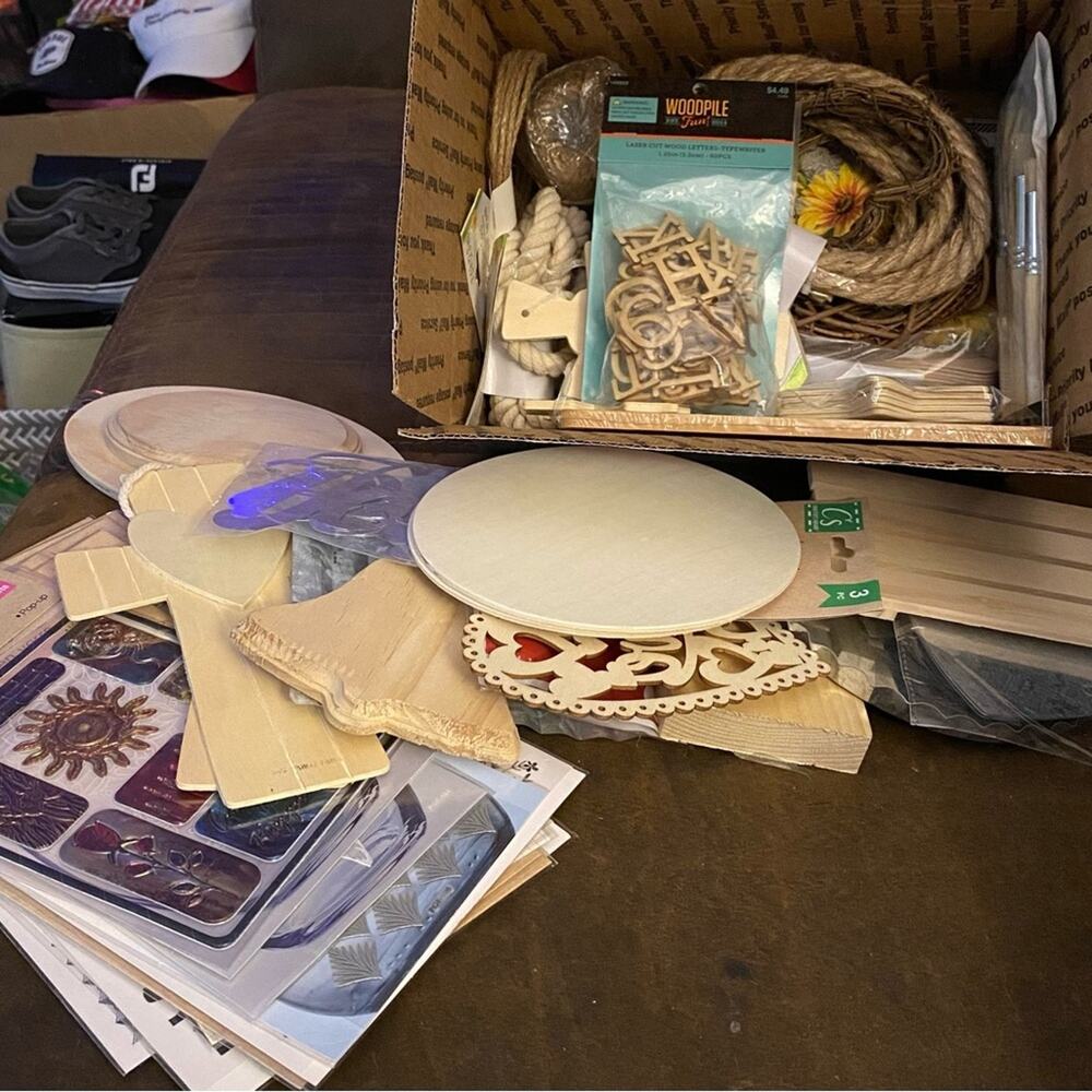Mystery Craft Box 11x8.5x6 full Variety Wood rounds, stickers napkins, twine